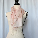 Very delicate wool-silk blend blush pink 14" x 60" scarf with fringe.