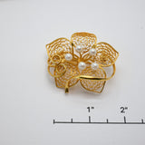 Vintage Gold‑Tone Filigree Flower Brooch w/ Pearl Accents – 1.75"