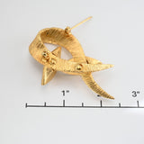 Vintage Gold‑Tone Ribbon Brooch w/ Rhinestone Leaves – 2.5"