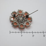Vintage Floral Brooch-Reddish‑Orange Faceted Stones & Pink/Yellow Rhinestone Ctr