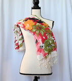 Vibrant floral scarf 28" x 70" in a soft poly/cotton/viscose blend.