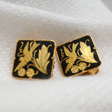 Vintage Gold & Black Damascene Clip‑On Earrings – Bird & Leaf Design – 5/8"