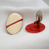 Vintage Cream & Red Enamel Oval Clip‑On Earrings – 1" × .75"