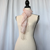 Very delicate wool-silk blend blush pink 14" x 60" scarf with fringe.