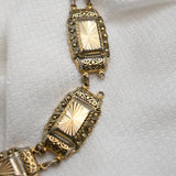 Vintage Gold‑Tone Ornate Link Bracelet – Rectangular Sunburst Panels – 6.5" × .5
