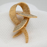 Vintage Gold‑Tone Ribbon Brooch w/ Rhinestone Leaves – 2.5"