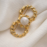 Vintage Gold‑Tone Double‑Ring Brooch w/ Faux Pearl Center – Twisted Rope Design