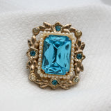 Vintage Gold‑Tone Blue Gem & Pearl Accent Brooch – 1.5"