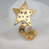 Gold‑Tone Celestial Star & Moon Brooch/Pendant – Gemstone Accents – 2" x 3" – .6