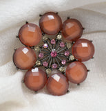 Vintage Floral Brooch-Reddish‑Orange Faceted Stones & Pink/Yellow Rhinestone Ctr