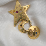 Gold‑Tone Celestial Star & Moon Brooch/Pendant – Gemstone Accents – 2" x 3" – .6