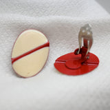 Vintage Cream & Red Enamel Oval Clip‑On Earrings – 1" × .75"