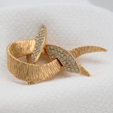 Vintage Gold‑Tone Ribbon Brooch w/ Rhinestone Leaves – 2.5"