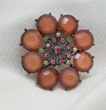 Vintage Floral Brooch-Reddish‑Orange Faceted Stones & Pink/Yellow Rhinestone Ctr