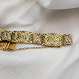 Vintage Gold & Black Damascene Link Bracelet – Ornate Geometric Design – 8" × .5