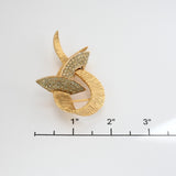 Vintage Gold‑Tone Ribbon Brooch w/ Rhinestone Leaves – 2.5"