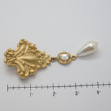 Vintage Gold‑Tone Ornate Brooch with Gemstone & Pearl Drop – 3.75" x 1.5" .7 oz