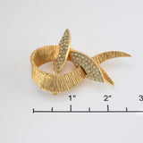 Vintage Gold‑Tone Ribbon Brooch w/ Rhinestone Leaves – 2.5"