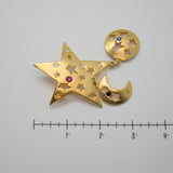 Gold‑Tone Celestial Star & Moon Brooch/Pendant – Gemstone Accents – 2" x 3" – .6