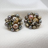Vintage Cluster Clip‑On Earrings – Mixed Beads & Metallic Accents – 1"