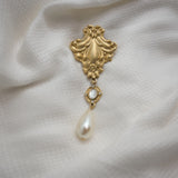 Vintage Gold‑Tone Ornate Brooch with Gemstone & Pearl Drop – 3.75" x 1.5" .7 oz
