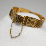 Vintage Gold & Black Damascene Link Bracelet – Ornate Geometric Design – 8" × .5
