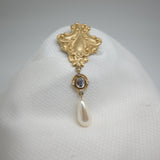 Vintage Gold‑Tone Ornate Brooch with Gemstone & Pearl Drop – 3.75" x 1.5" .7 oz