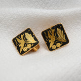Vintage Gold & Black Damascene Clip‑On Earrings – Bird & Leaf Design – 5/8"