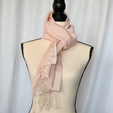 Very delicate wool-silk blend blush pink 14" x 60" scarf with fringe.