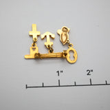 Vintage Gold‑Tone Key Brooch with Cross, Anchor & Praying Hands Charms – 1.5" ×