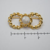 Vintage Gold‑Tone Double‑Ring Brooch w/ Faux Pearl Center – Twisted Rope Design