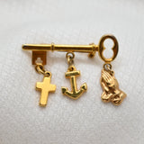 Vintage Gold‑Tone Key Brooch with Cross, Anchor & Praying Hands Charms – 1.5" ×