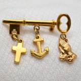 Vintage Gold‑Tone Key Brooch with Cross, Anchor & Praying Hands Charms – 1.5" ×