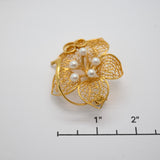 Vintage Gold‑Tone Filigree Flower Brooch w/ Pearl Accents – 1.75"