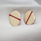 Vintage Cream & Red Enamel Oval Clip‑On Earrings – 1" × .75"