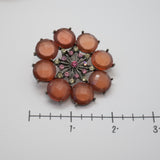 Vintage Floral Brooch-Reddish‑Orange Faceted Stones & Pink/Yellow Rhinestone Ctr