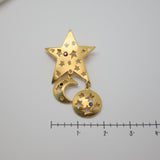 Gold‑Tone Celestial Star & Moon Brooch/Pendant – Gemstone Accents – 2" x 3" – .6