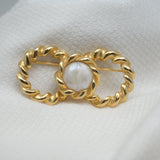 Vintage Gold‑Tone Double‑Ring Brooch w/ Faux Pearl Center – Twisted Rope Design